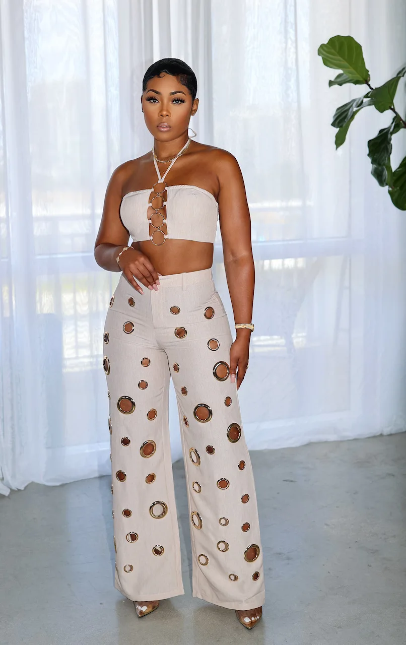 CM.YAYA Women Set Sleeveless Strapless Tops +Wide Leg Pants Two 2 Piece Set Hole Hollow Out Outfit Summer Sexy Street Tracksuit