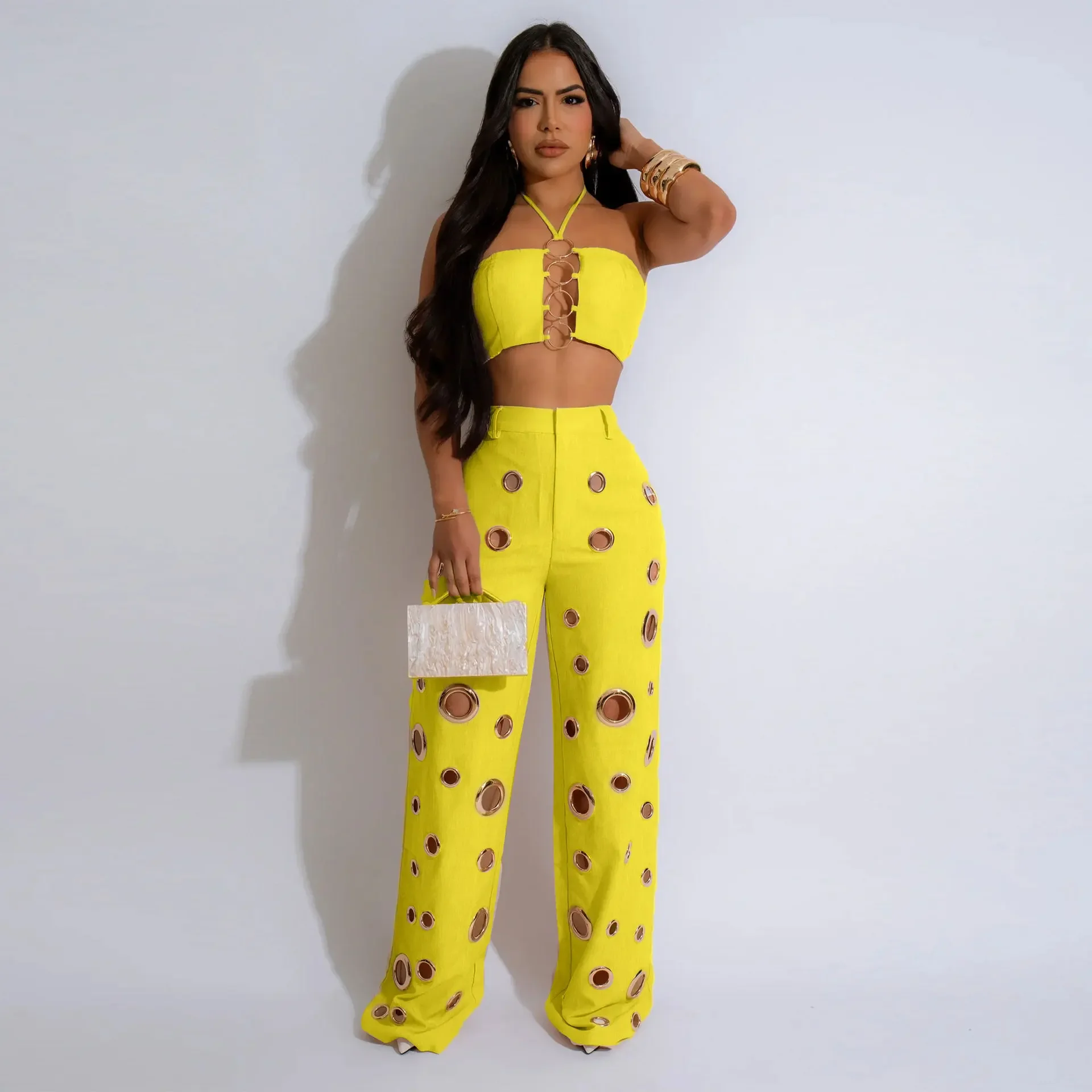 CM.YAYA Women Set Sleeveless Strapless Tops +Wide Leg Pants Two 2 Piece Set Hole Hollow Out Outfit Summer Sexy Street Tracksuit