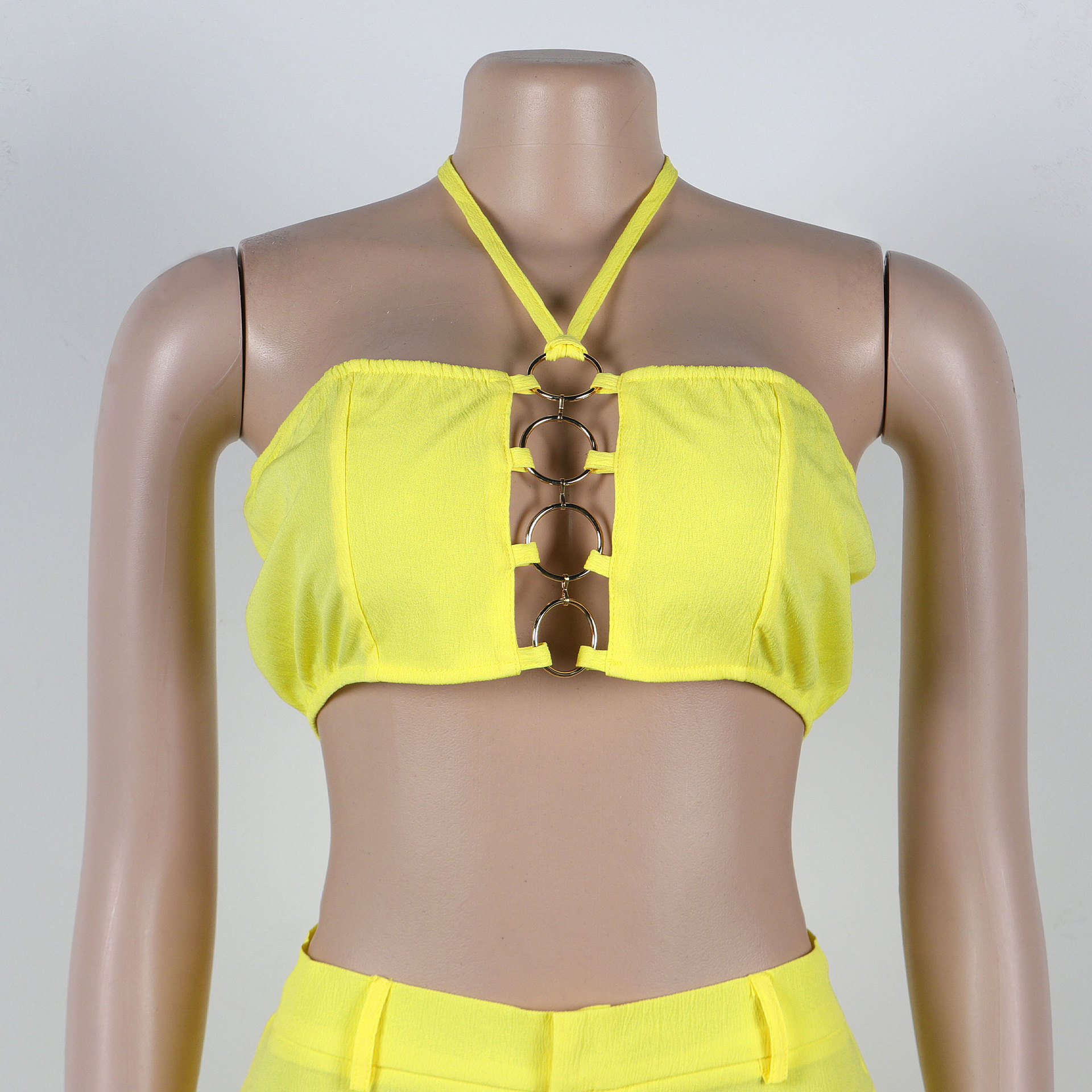 CM.YAYA Women Set Sleeveless Strapless Tops +Wide Leg Pants Two 2 Piece Set Hole Hollow Out Outfit Summer Sexy Street Tracksuit