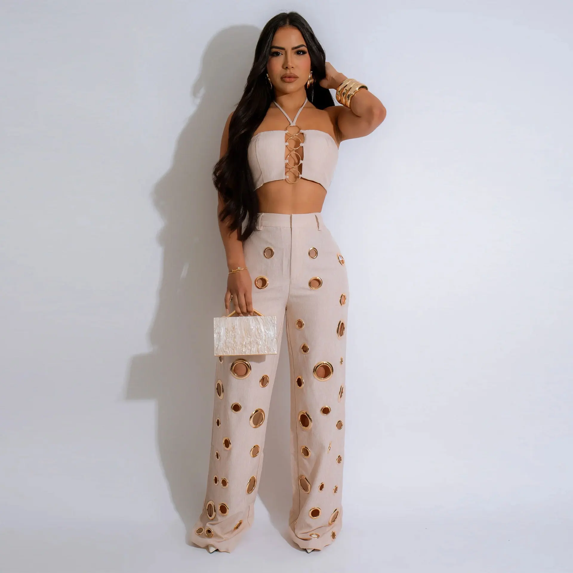 CM.YAYA Women Set Sleeveless Strapless Tops +Wide Leg Pants Two 2 Piece Set Hole Hollow Out Outfit Summer Sexy Street Tracksuit