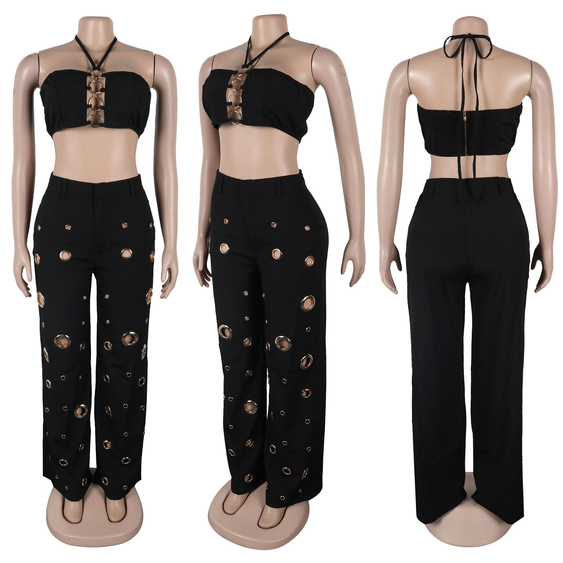 CM.YAYA Women Set Sleeveless Strapless Tops +Wide Leg Pants Two 2 Piece Set Hole Hollow Out Outfit Summer Sexy Street Tracksuit