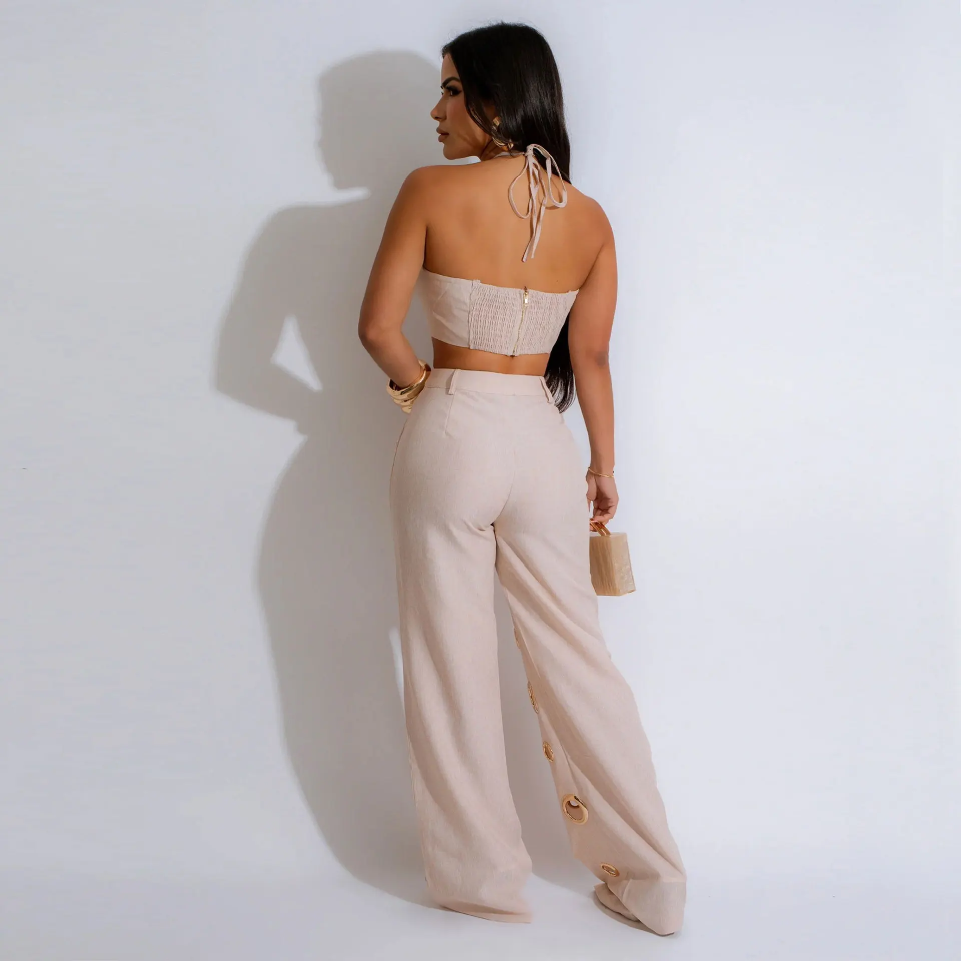 CM.YAYA Women Set Sleeveless Strapless Tops +Wide Leg Pants Two 2 Piece Set Hole Hollow Out Outfit Summer Sexy Street Tracksuit