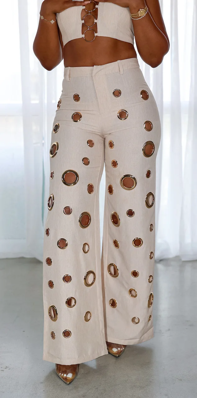 CM.YAYA Women Set Sleeveless Strapless Tops +Wide Leg Pants Two 2 Piece Set Hole Hollow Out Outfit Summer Sexy Street Tracksuit