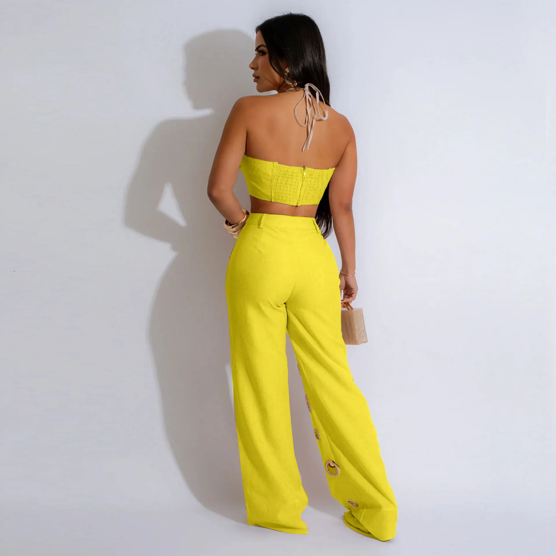 CM.YAYA Women Set Sleeveless Strapless Tops +Wide Leg Pants Two 2 Piece Set Hole Hollow Out Outfit Summer Sexy Street Tracksuit