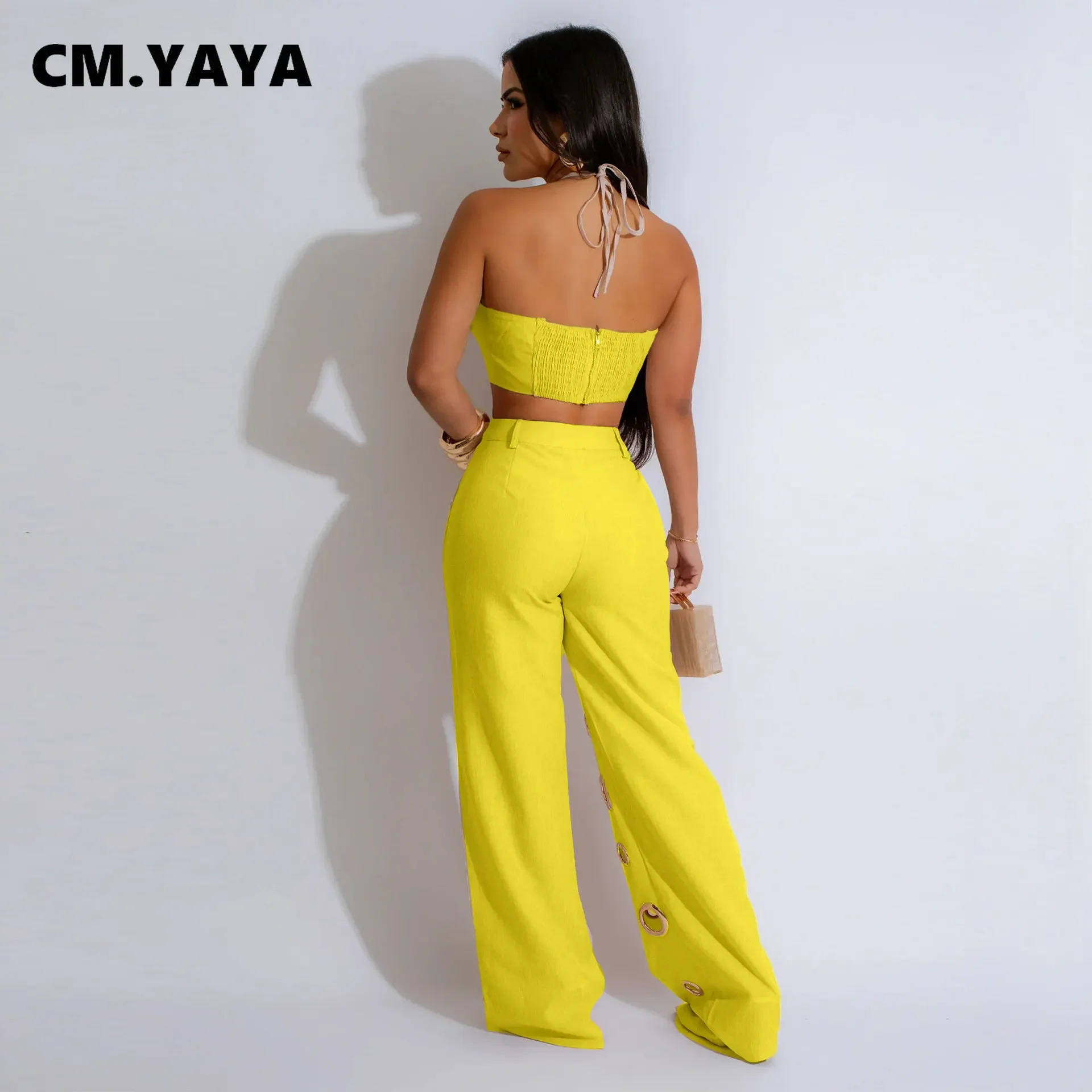 CM.YAYA Women Set Sleeveless Strapless Tops +Wide Leg Pants Two 2 Piece Set Hole Hollow Out Outfit Summer Sexy Street Tracksuit