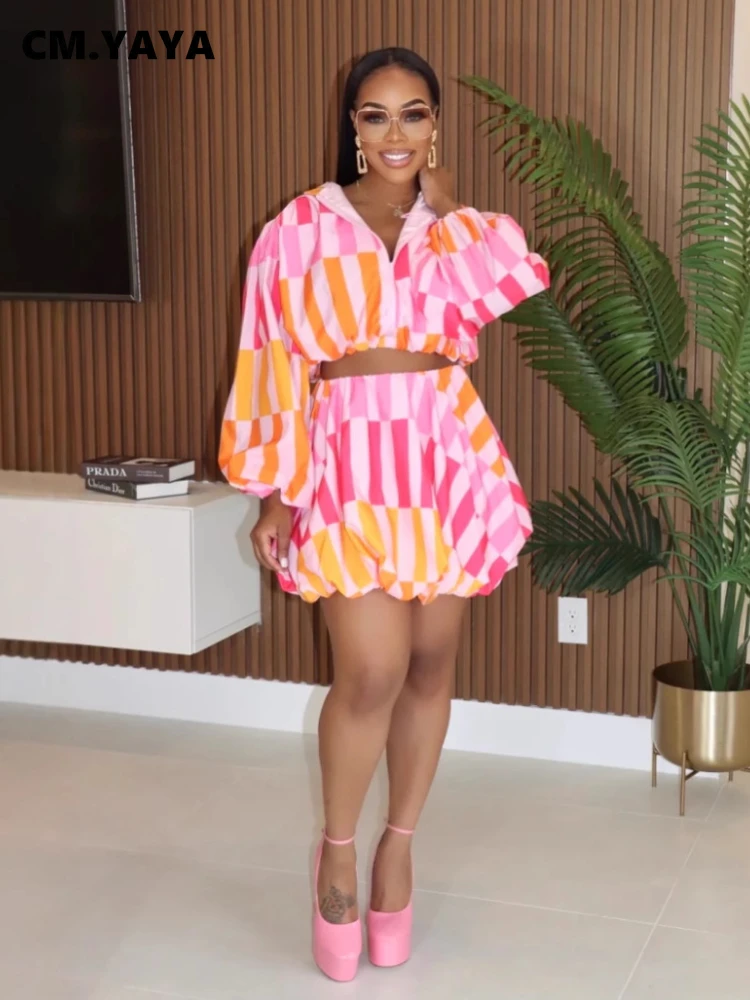 CM.YAYA Women's Set Full Puff Sleeve Striped Print Coats Top + Short Skirts Summer Active Sporty Street Two 2 Piece Sets Outfits