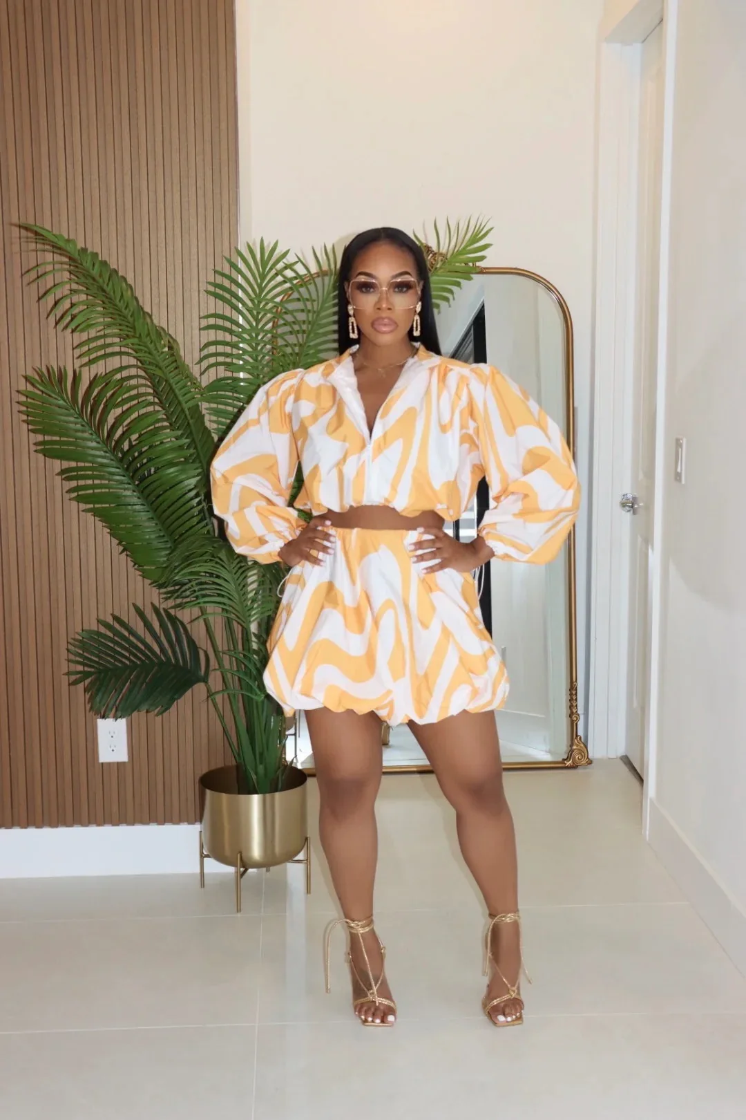 CM.YAYA Women's Set Full Puff Sleeve Striped Print Coats Top + Short Skirts Summer Active Sporty Street Two 2 Piece Sets Outfits CM.YAYA Women's Set Full Puff Sleeve Striped Print Coats Top + Short Skirts Summer Active Sporty Street Two 2 Piece Sets Outfits