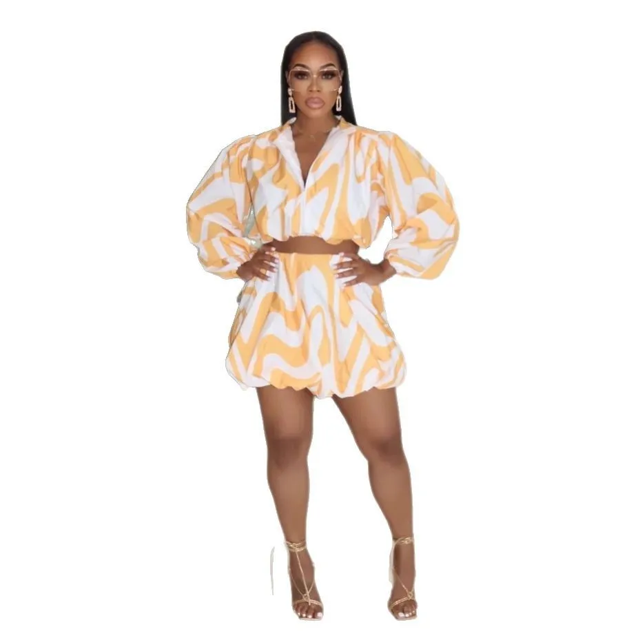 CM.YAYA Women's Set Full Puff Sleeve Striped Print Coats Top + Short Skirts Summer Active Sporty Street Two 2 Piece Sets Outfits CM.YAYA Women's Set Full Puff Sleeve Striped Print Coats Top + Short Skirts Summer Active Sporty Street Two 2 Piece Sets Outfits