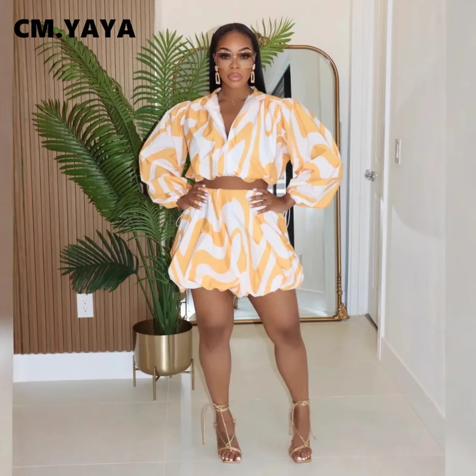 CM.YAYA Women's Set Full Puff Sleeve Striped Print Coats Top + Short Skirts Summer Active Sporty Street Two 2 Piece Sets Outfits