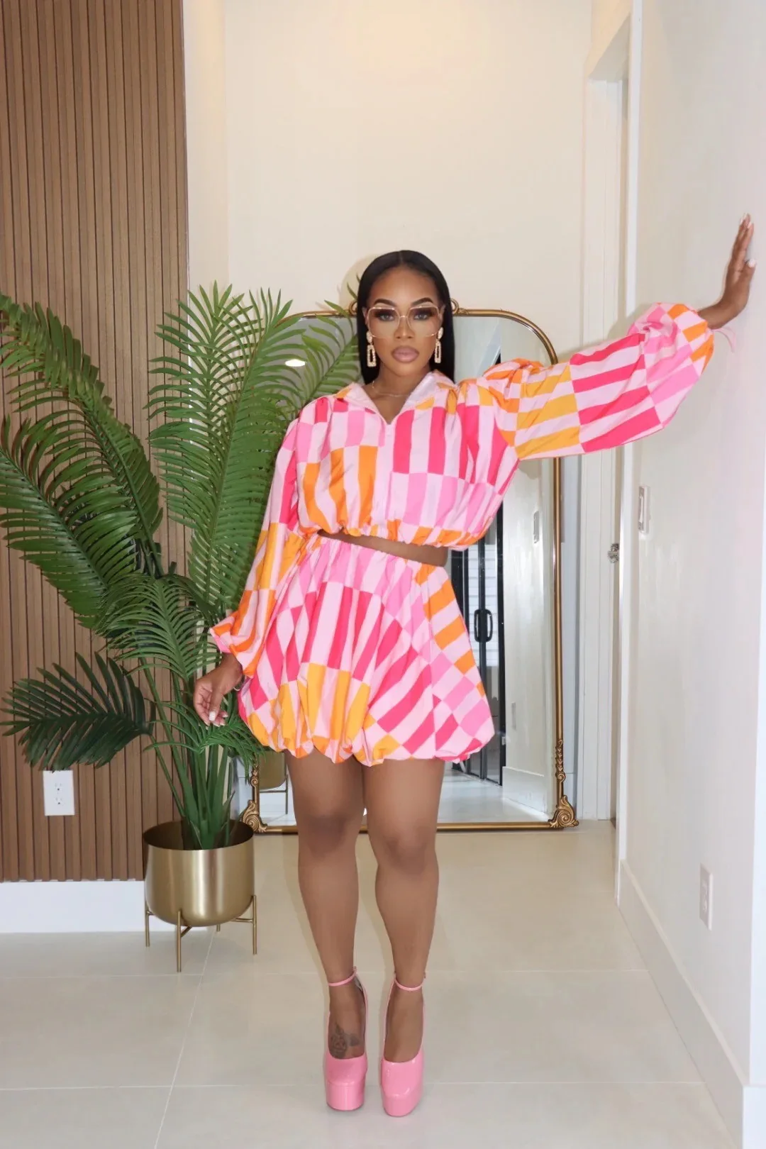 CM.YAYA Women's Set Full Puff Sleeve Striped Print Coats Top + Short Skirts Summer Active Sporty Street Two 2 Piece Sets Outfits CM.YAYA Women's Set Full Puff Sleeve Striped Print Coats Top + Short Skirts Summer Active Sporty Street Two 2 Piece Sets Outfits