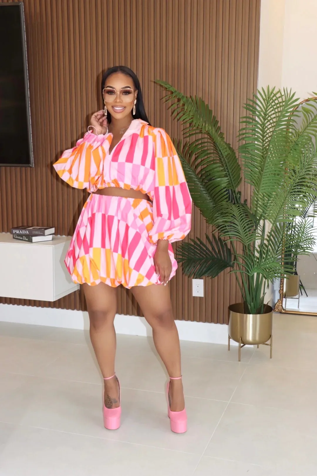 CM.YAYA Women's Set Full Puff Sleeve Striped Print Coats Top + Short Skirts Summer Active Sporty Street Two 2 Piece Sets Outfits CM.YAYA Women's Set Full Puff Sleeve Striped Print Coats Top + Short Skirts Summer Active Sporty Street Two 2 Piece Sets Outfits