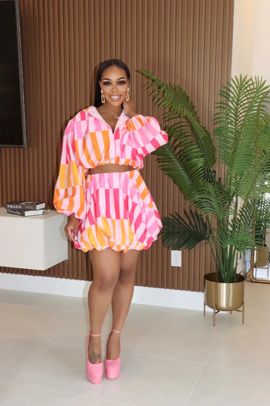 CM.YAYA Women's Set Full Puff Sleeve Striped Print Coats Top + Short Skirts Summer Active Sporty Street Two 2 Piece Sets Outfits CM.YAYA Women's Set Full Puff Sleeve Striped Print Coats Top + Short Skirts Summer Active Sporty Street Two 2 Piece Sets Outfits