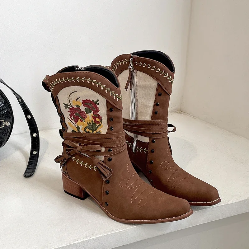 Vintage Ethnic Style Embroidery Woman Ankle Boots Shoes Ladies Elegant Thick Heel Western Cowboy Botas Vintage Ethnic Style Embroidery Woman Ankle Boots Shoes Ladies Elegant Thick Heel Western Cowboy Botas