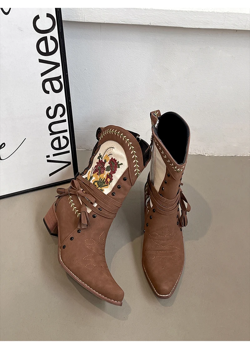 Vintage Ethnic Style Embroidery Woman Ankle Boots Shoes Ladies Elegant Thick Heel Western Cowboy Botas