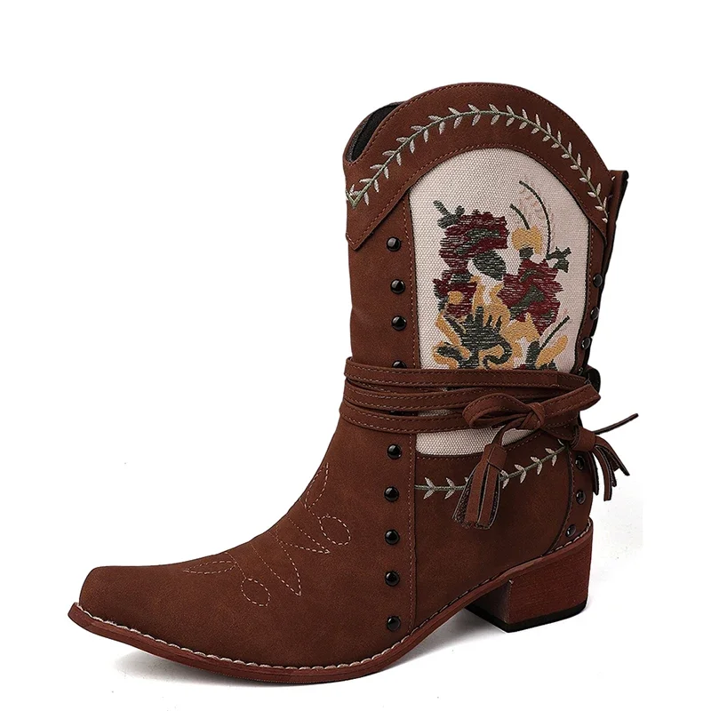 Vintage Ethnic Style Embroidery Woman Ankle Boots Shoes Ladies Elegant Thick Heel Western Cowboy Botas Vintage Ethnic Style Embroidery Woman Ankle Boots Shoes Ladies Elegant Thick Heel Western Cowboy Botas