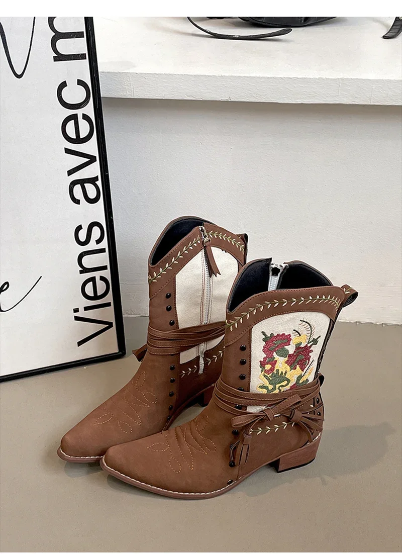Vintage Ethnic Style Embroidery Woman Ankle Boots Shoes Ladies Elegant Thick Heel Western Cowboy Botas