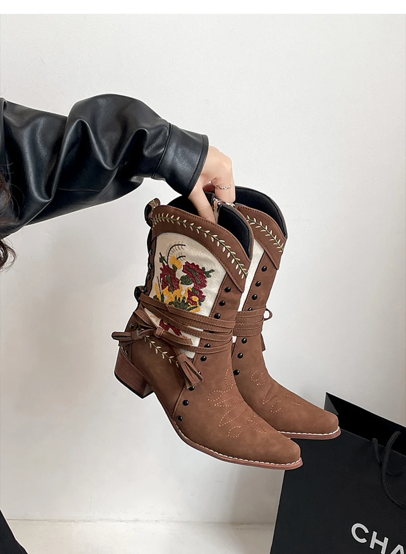 Vintage Ethnic Style Embroidery Woman Ankle Boots Shoes Ladies Elegant Thick Heel Western Cowboy Botas