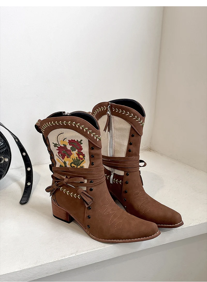 Vintage Ethnic Style Embroidery Woman Ankle Boots Shoes Ladies Elegant Thick Heel Western Cowboy Botas