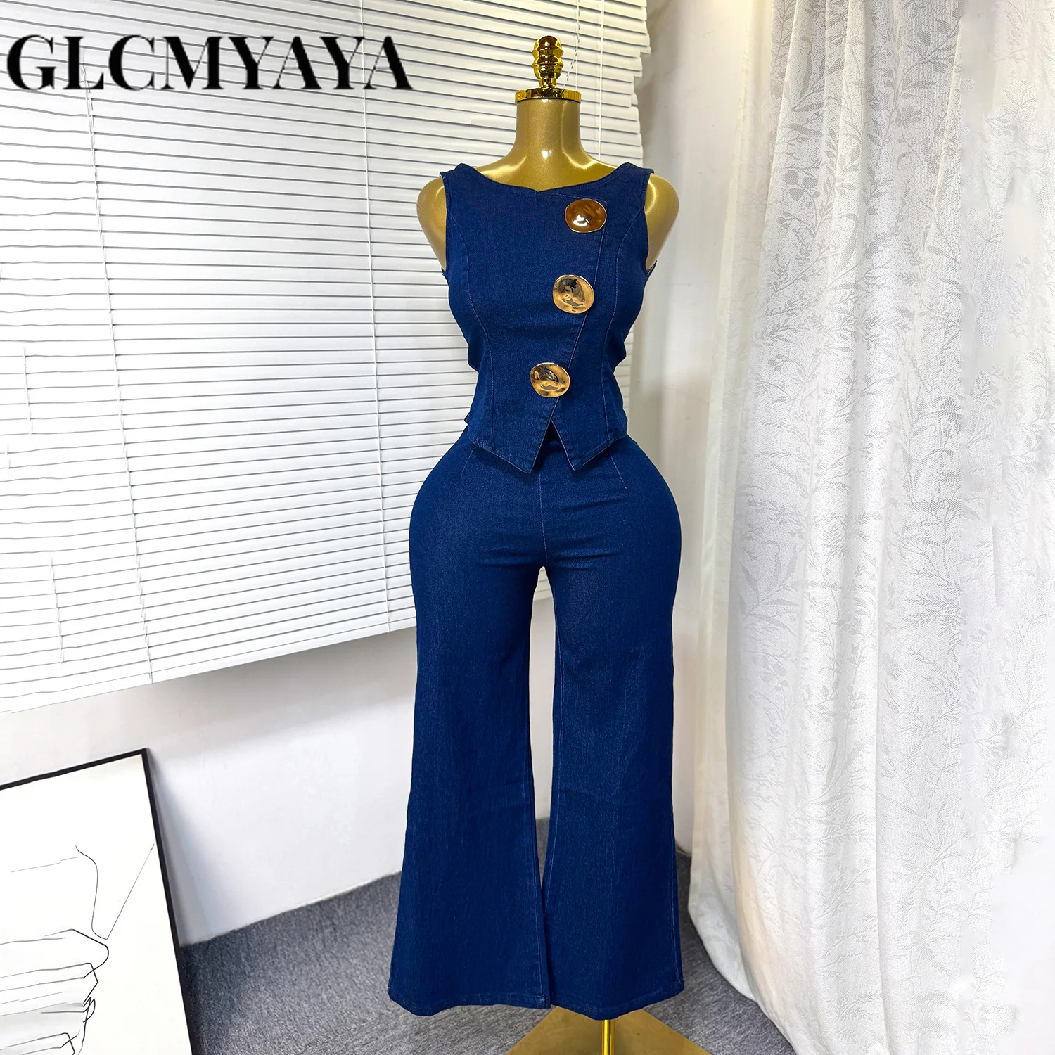 GLCMYAYA Fashion Denim Women's Set Sleeveless Button Tank Tops and Wide Leg Jeans Pants Sets 2025 Holiday Two 2 Piece Set Outfit GLCMYAYA Fashion Denim Women's Set Sleeveless Button Tank Tops and Wide Leg Jeans Pants Sets 2025 Holiday Two 2 Piece Set Outfit