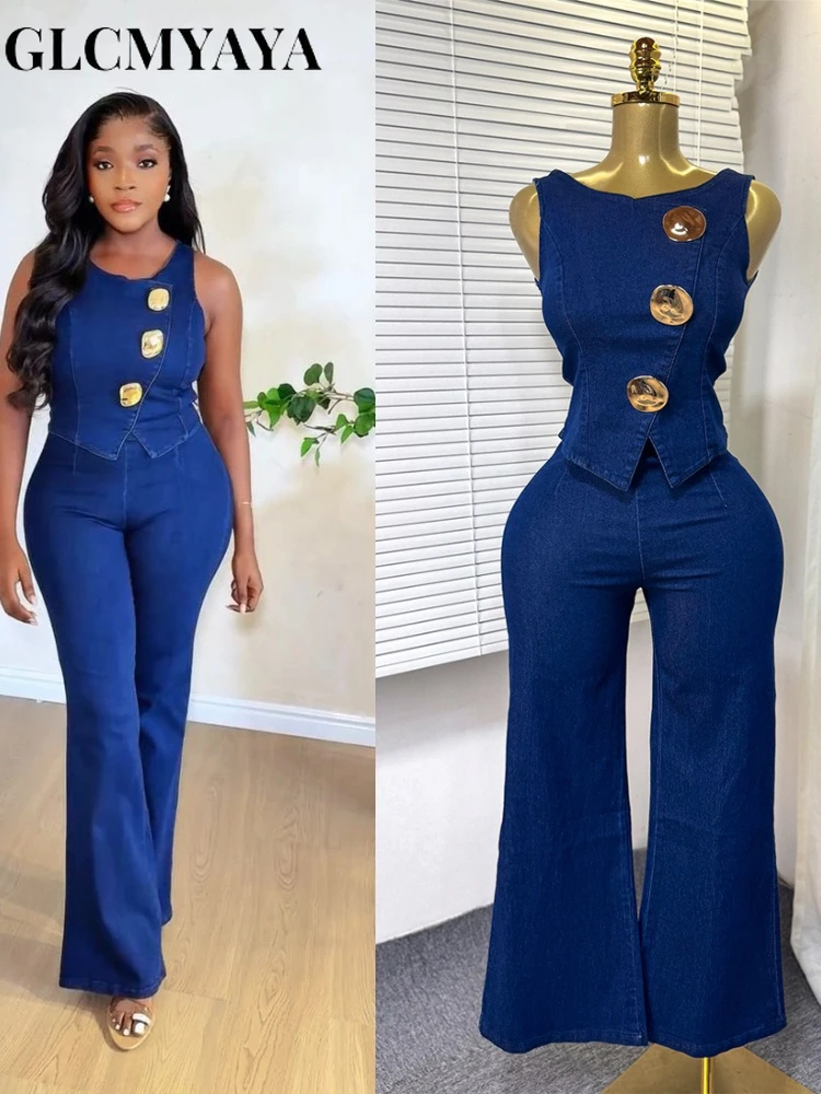 GLCMYAYA Fashion Denim Women’s Set Sleeveless Button Tank Tops and Wide Leg Jeans Pants Sets 2025 Holiday Two 2 Piece Set Outfit GLCMYAYA Fashion Denim Women's Set Sleeveless Button Tank Tops and Wide Leg Jeans Pants Sets 2025 Holiday Two 2 Piece Set Outfit