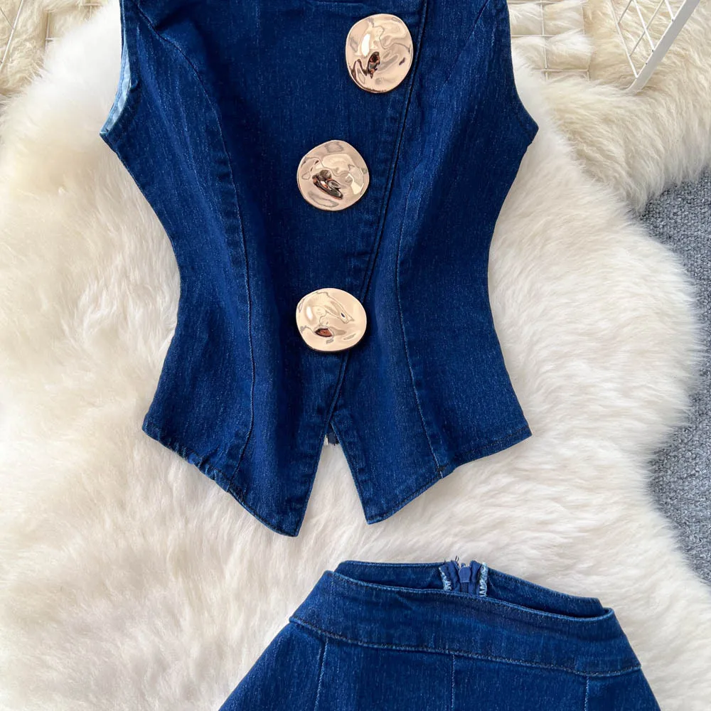 GLCMYAYA Fashion Denim Women's Set Sleeveless Button Tank Tops and Wide Leg Jeans Pants Sets 2025 Holiday Two 2 Piece Set Outfit GLCMYAYA Fashion Denim Women's Set Sleeveless Button Tank Tops and Wide Leg Jeans Pants Sets 2025 Holiday Two 2 Piece Set Outfit