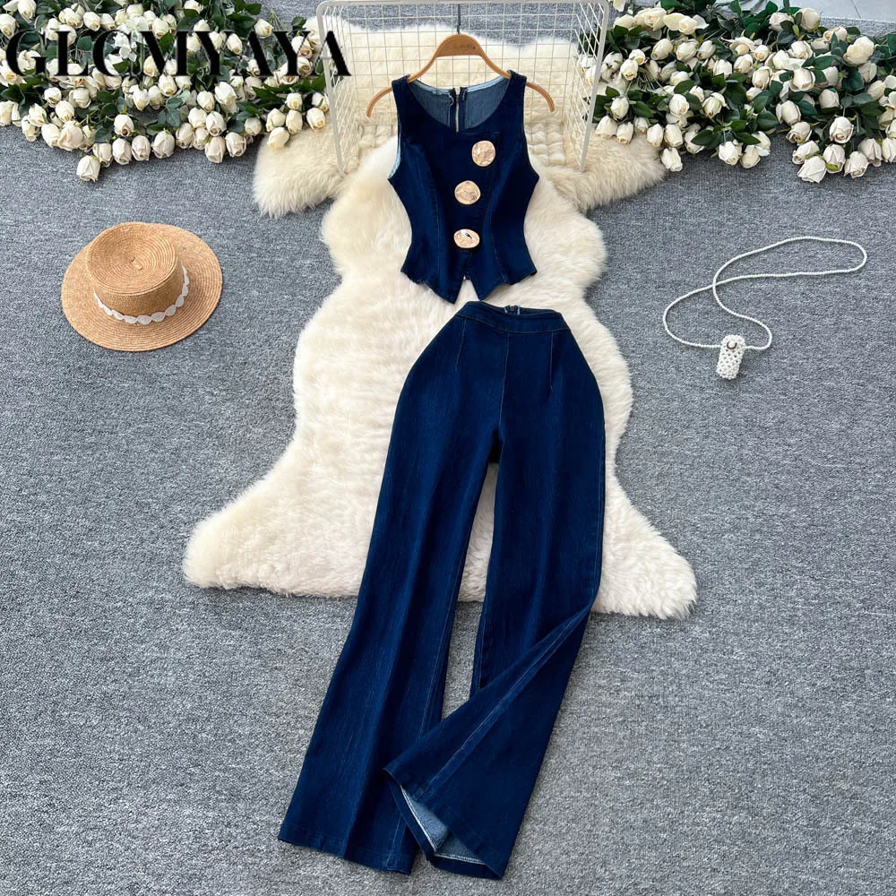 GLCMYAYA Fashion Denim Women's Set Sleeveless Button Tank Tops and Wide Leg Jeans Pants Sets 2025 Holiday Two 2 Piece Set Outfit GLCMYAYA Fashion Denim Women's Set Sleeveless Button Tank Tops and Wide Leg Jeans Pants Sets 2025 Holiday Two 2 Piece Set Outfit