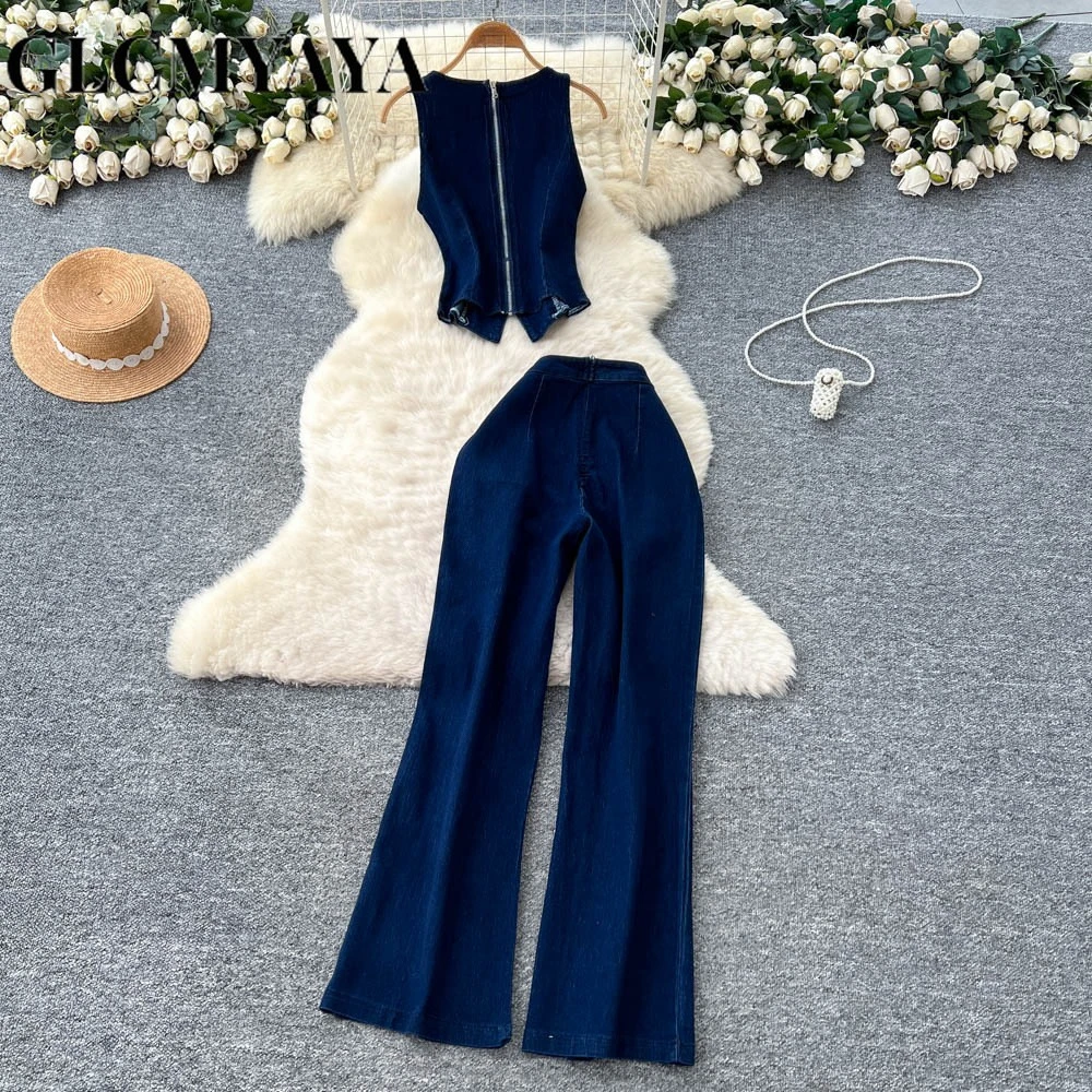 GLCMYAYA Fashion Denim Women’s Set Sleeveless Button Tank Tops and Wide Leg Jeans Pants Sets 2025 Holiday Two 2 Piece Set Outfit GLCMYAYA Fashion Denim Women's Set Sleeveless Button Tank Tops and Wide Leg Jeans Pants Sets 2025 Holiday Two 2 Piece Set Outfit