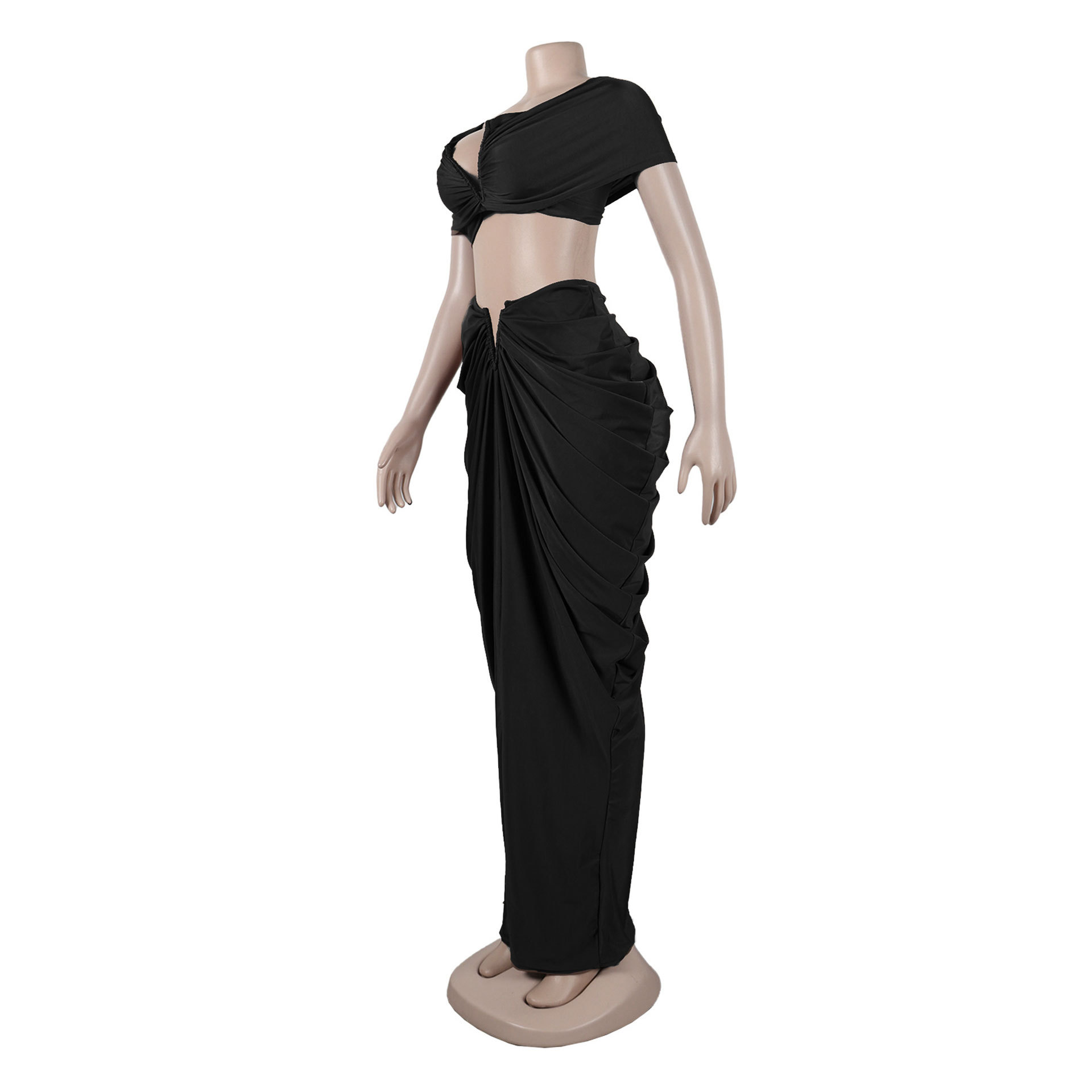 CM.YAYA Stacked Ruched Women's Set Off Shoulder Crop Top and Low Waist Maxi Long Skirts 2023 Sexy Party Two 2 Piece Sets Outfits