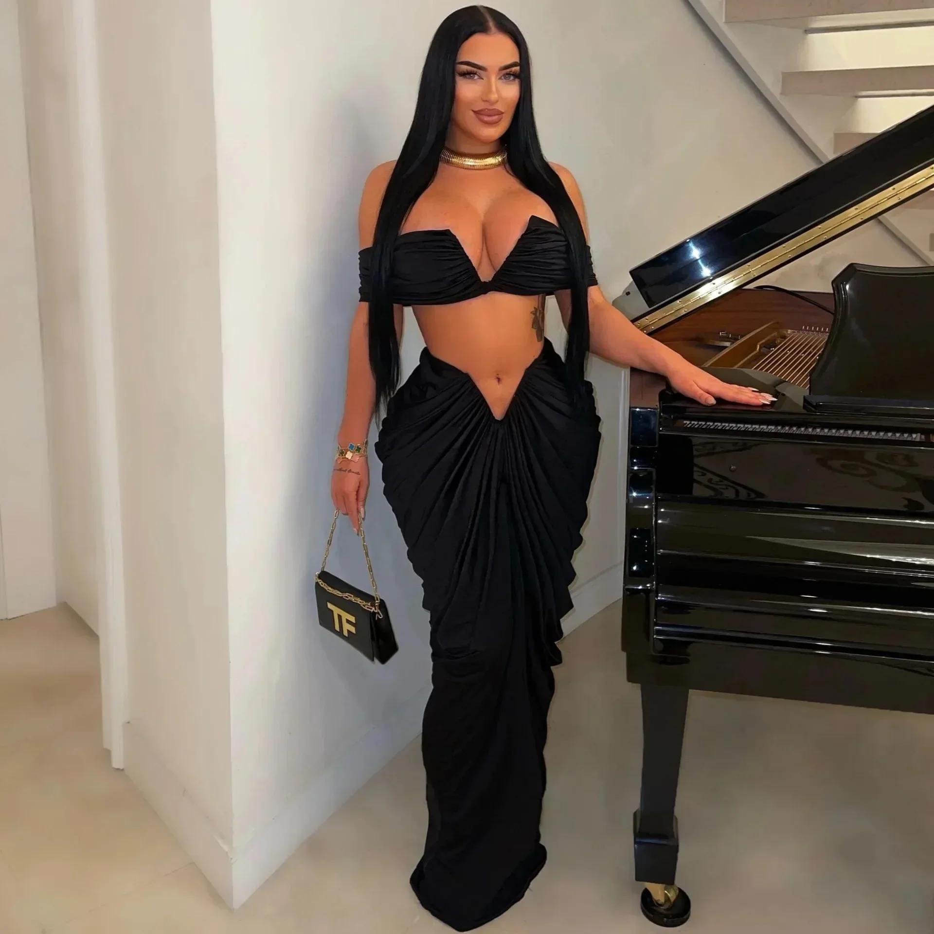 CM.YAYA Stacked Ruched Women’s Set Off Shoulder Crop Top and Low Waist Maxi Long Skirts 2023 Sexy Party Two 2 Piece Sets Outfits CM.YAYA Stacked Ruched Women's Set Off Shoulder Crop Top and Low Waist Maxi Long Skirts 2023 Sexy Party Two 2 Piece Sets Outfits