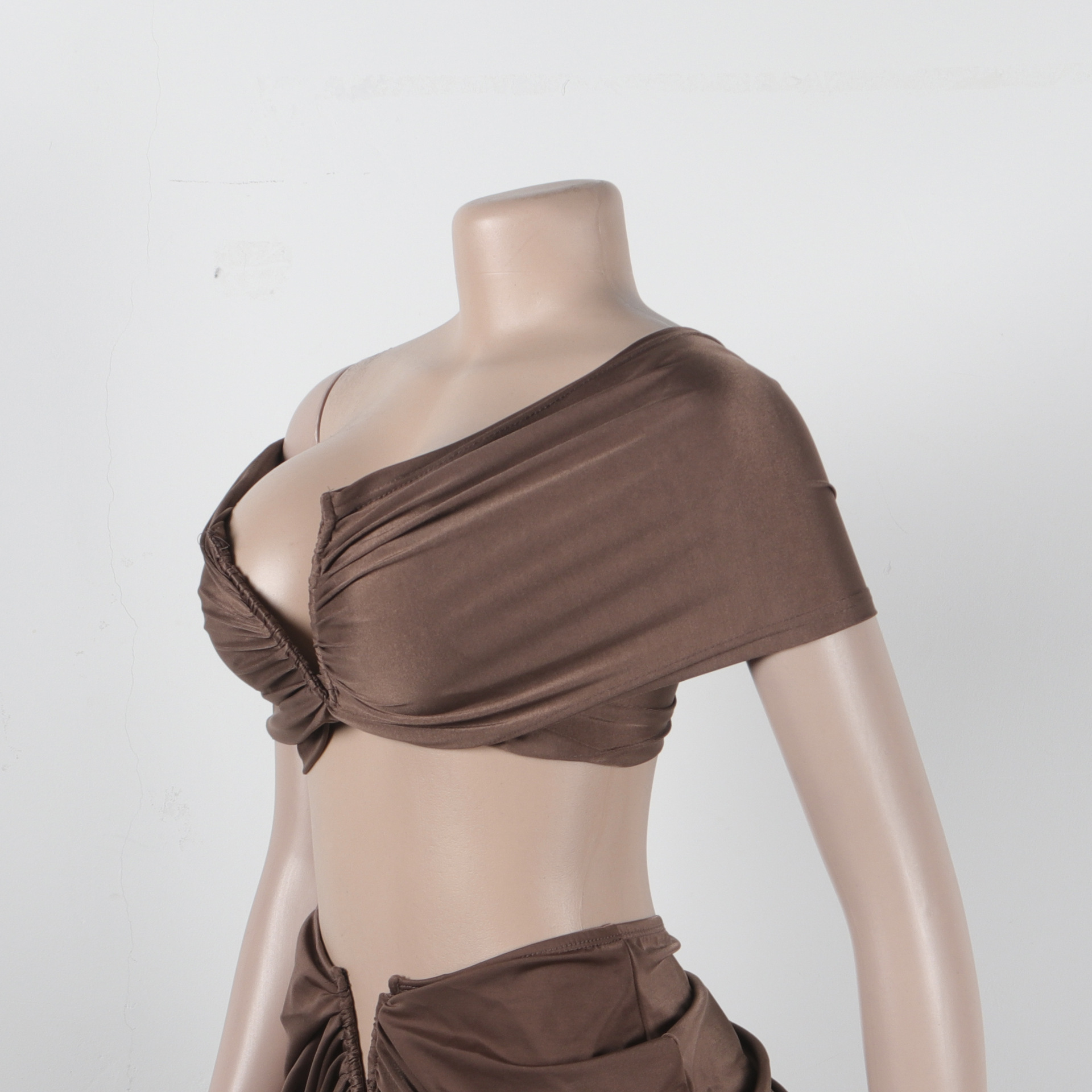 CM.YAYA Stacked Ruched Women's Set Off Shoulder Crop Top and Low Waist Maxi Long Skirts 2023 Sexy Party Two 2 Piece Sets Outfits