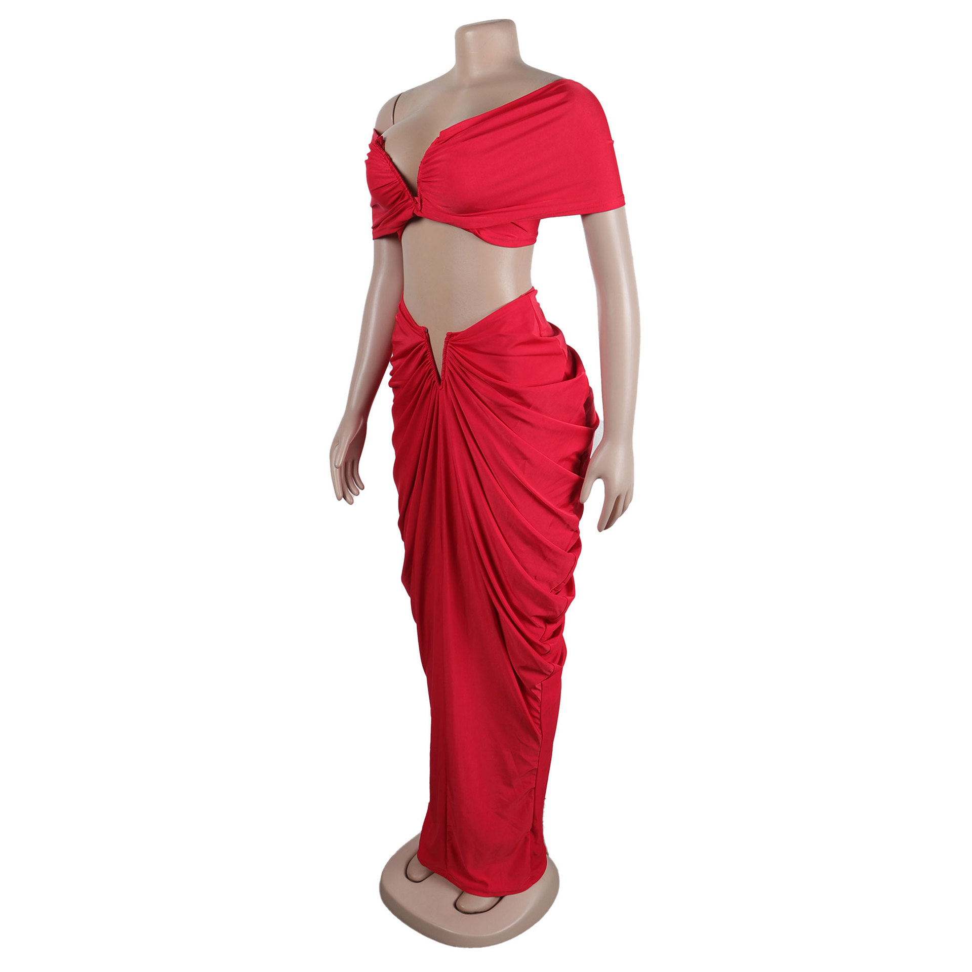 CM.YAYA Stacked Ruched Women's Set Off Shoulder Crop Top and Low Waist Maxi Long Skirts 2023 Sexy Party Two 2 Piece Sets Outfits