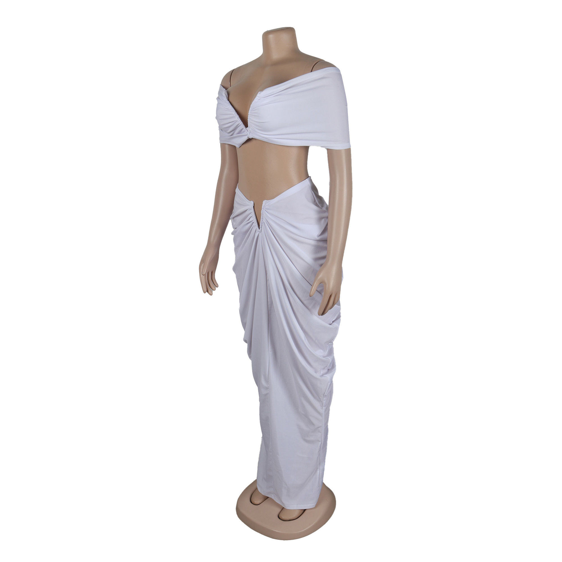 CM.YAYA Stacked Ruched Women's Set Off Shoulder Crop Top and Low Waist Maxi Long Skirts 2023 Sexy Party Two 2 Piece Sets Outfits