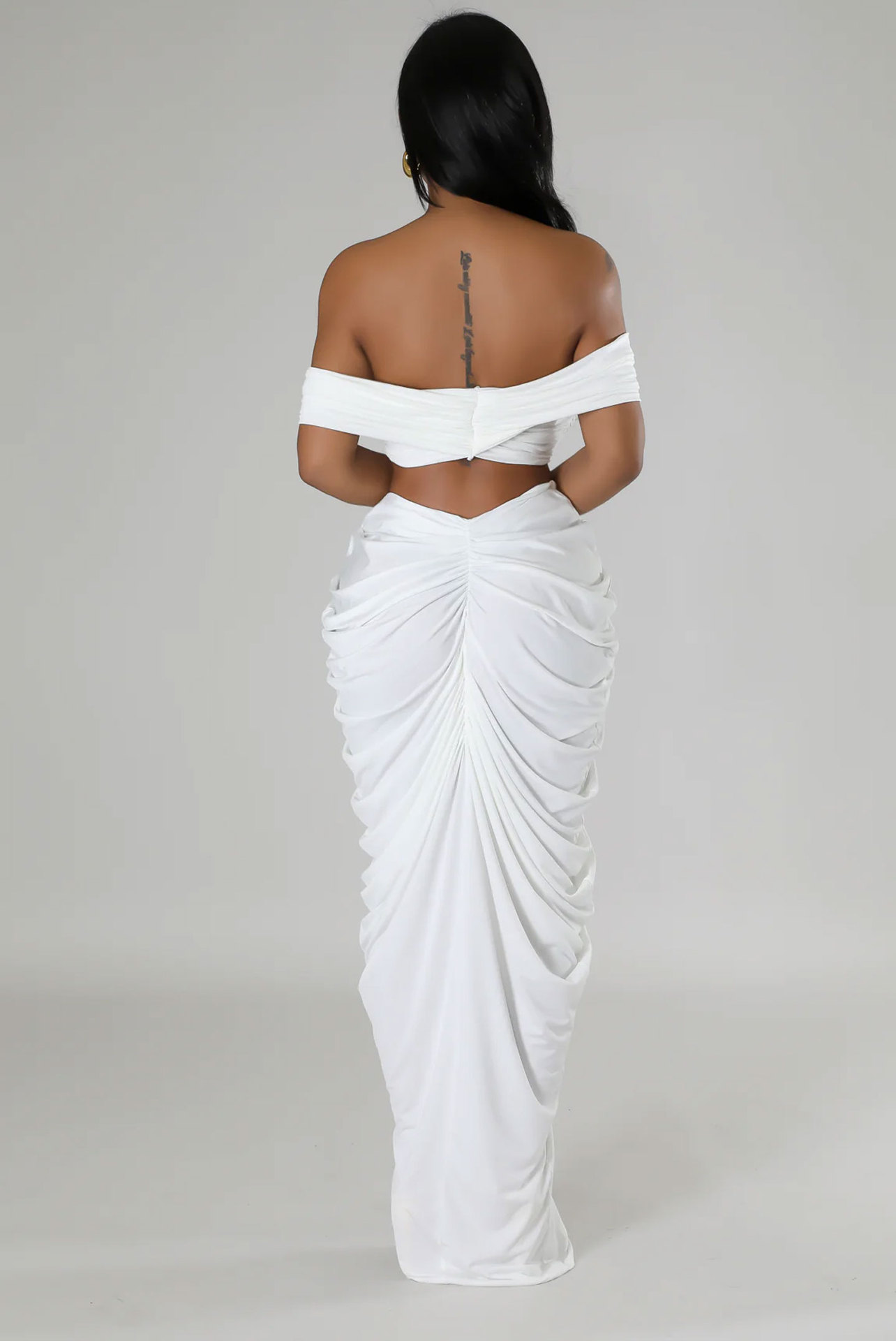 CM.YAYA Stacked Ruched Women's Set Off Shoulder Crop Top and Low Waist Maxi Long Skirts 2023 Sexy Party Two 2 Piece Sets Outfits