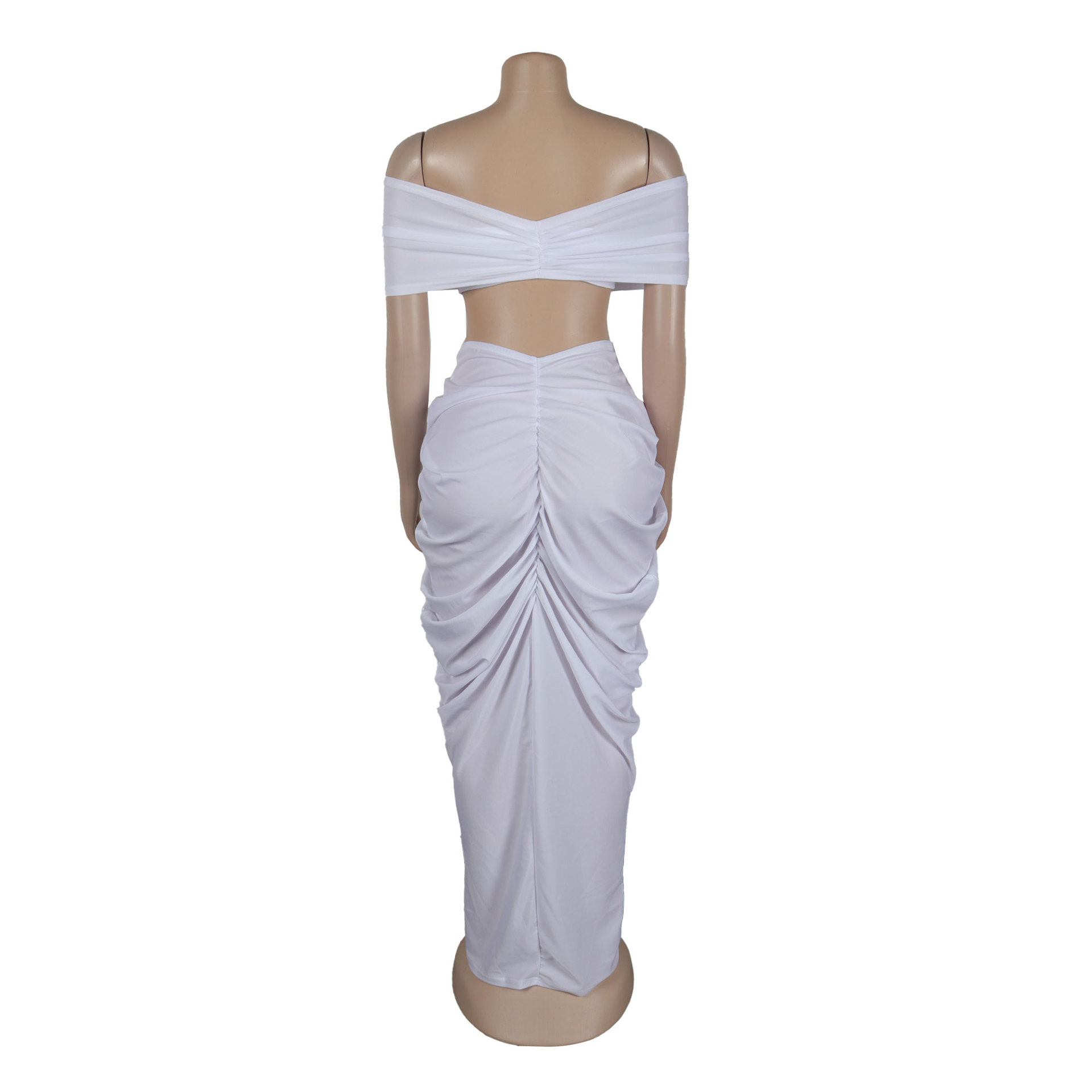 CM.YAYA Stacked Ruched Women's Set Off Shoulder Crop Top and Low Waist Maxi Long Skirts 2023 Sexy Party Two 2 Piece Sets Outfits