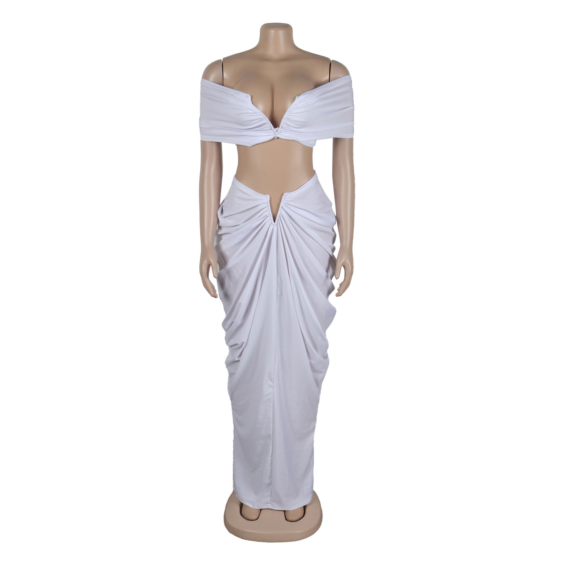 CM.YAYA Stacked Ruched Women's Set Off Shoulder Crop Top and Low Waist Maxi Long Skirts 2023 Sexy Party Two 2 Piece Sets Outfits