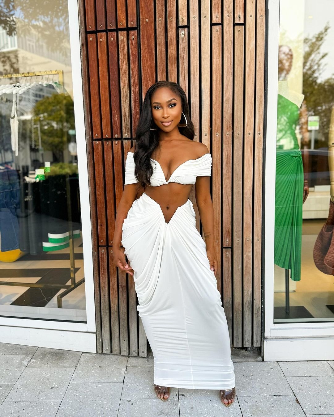 CM.YAYA Stacked Ruched Women's Set Off Shoulder Crop Top and Low Waist Maxi Long Skirts 2023 Sexy Party Two 2 Piece Sets Outfits