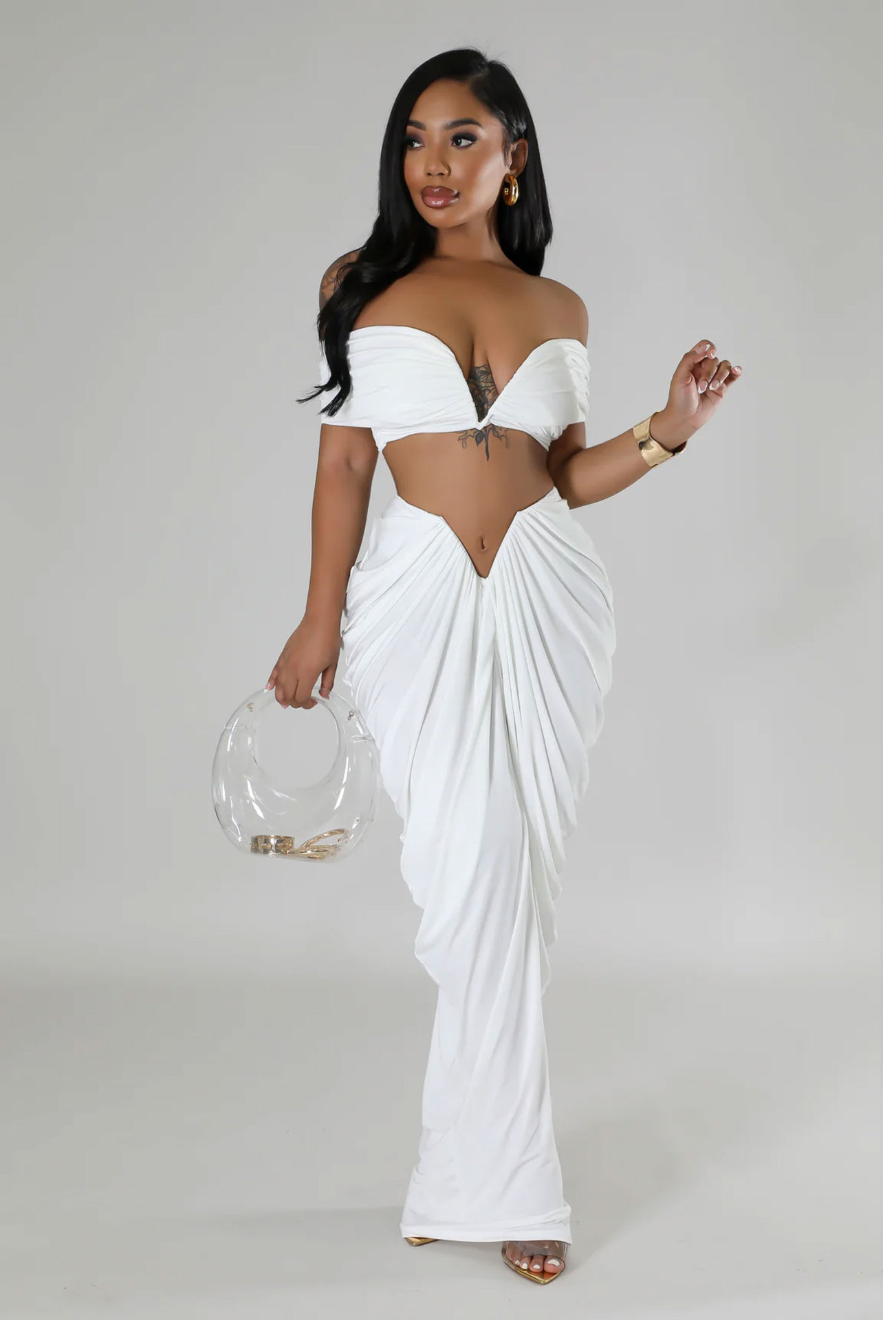 CM.YAYA Stacked Ruched Women's Set Off Shoulder Crop Top and Low Waist Maxi Long Skirts 2023 Sexy Party Two 2 Piece Sets Outfits