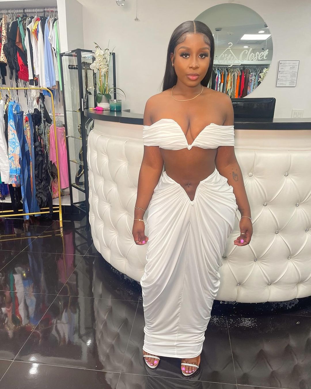 CM.YAYA Stacked Ruched Women's Set Off Shoulder Crop Top and Low Waist Maxi Long Skirts 2023 Sexy Party Two 2 Piece Sets Outfits