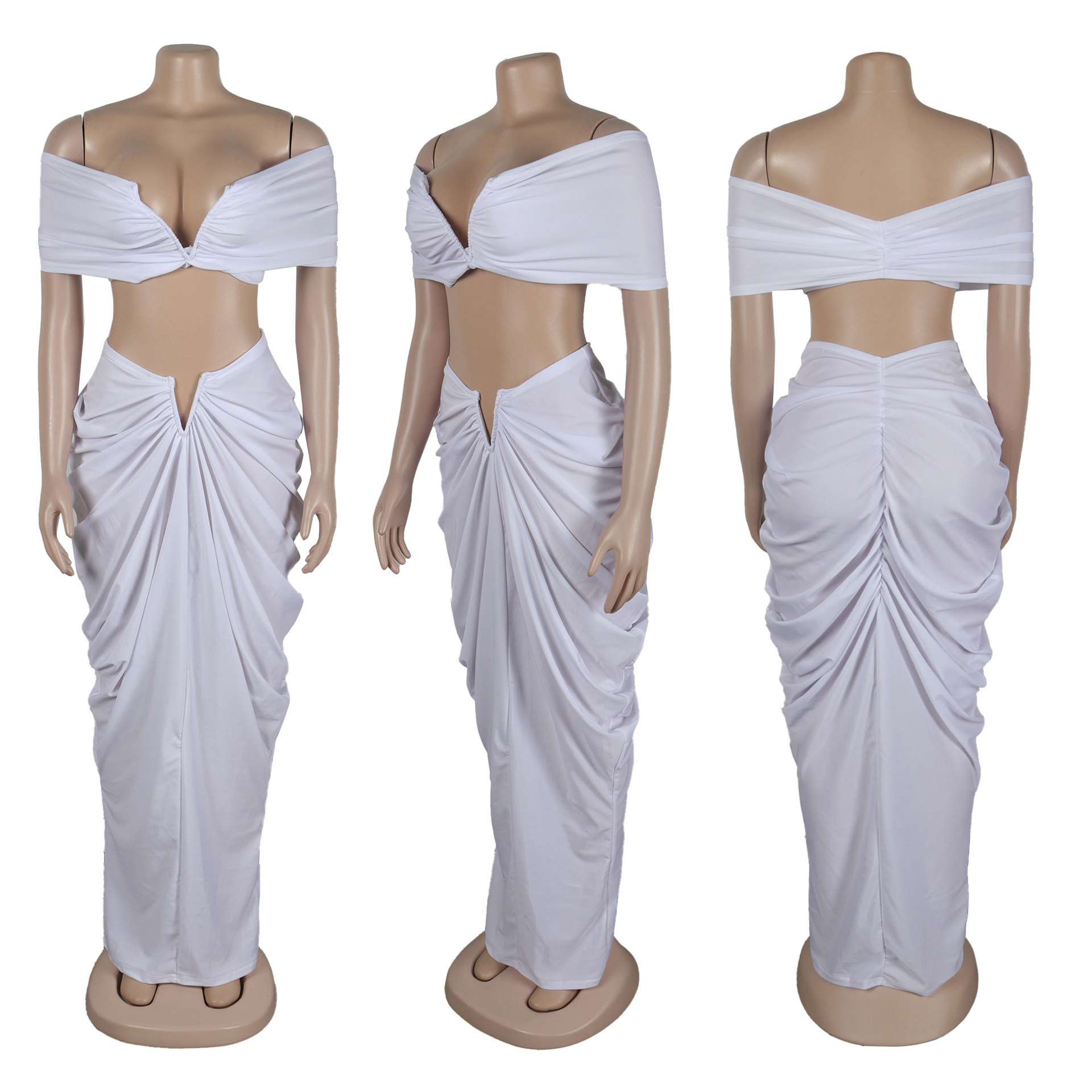 CM.YAYA Stacked Ruched Women's Set Off Shoulder Crop Top and Low Waist Maxi Long Skirts 2023 Sexy Party Two 2 Piece Sets Outfits