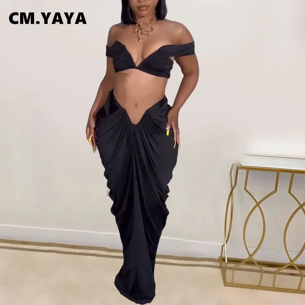CM.YAYA Stacked Ruched Women’s Set Off Shoulder Crop Top and Low Waist Maxi Long Skirts 2023 Sexy Party Two 2 Piece Sets Outfits CM.YAYA Stacked Ruched Women's Set Off Shoulder Crop Top and Low Waist Maxi Long Skirts 2023 Sexy Party Two 2 Piece Sets Outfits