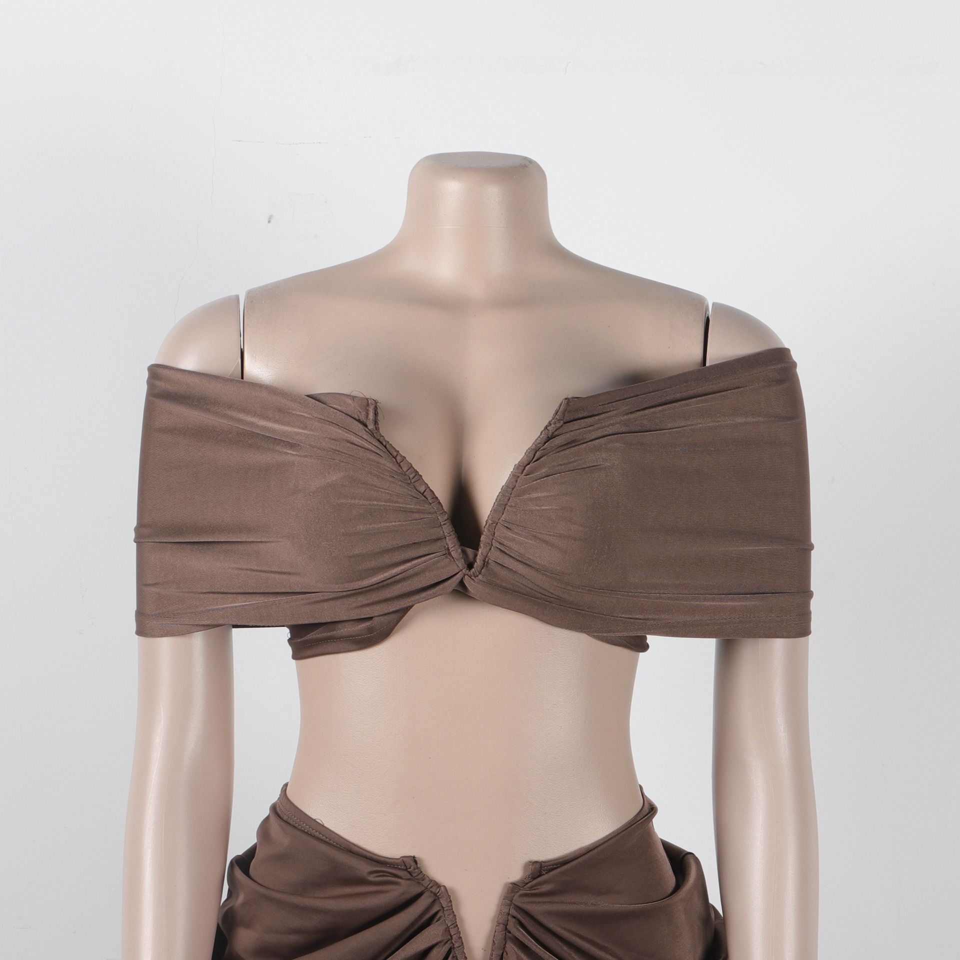 CM.YAYA Stacked Ruched Women's Set Off Shoulder Crop Top and Low Waist Maxi Long Skirts 2023 Sexy Party Two 2 Piece Sets Outfits