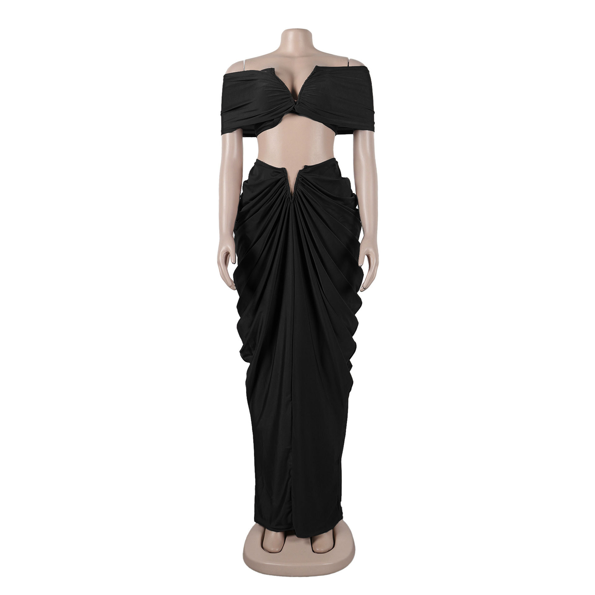 CM.YAYA Stacked Ruched Women's Set Off Shoulder Crop Top and Low Waist Maxi Long Skirts 2023 Sexy Party Two 2 Piece Sets Outfits