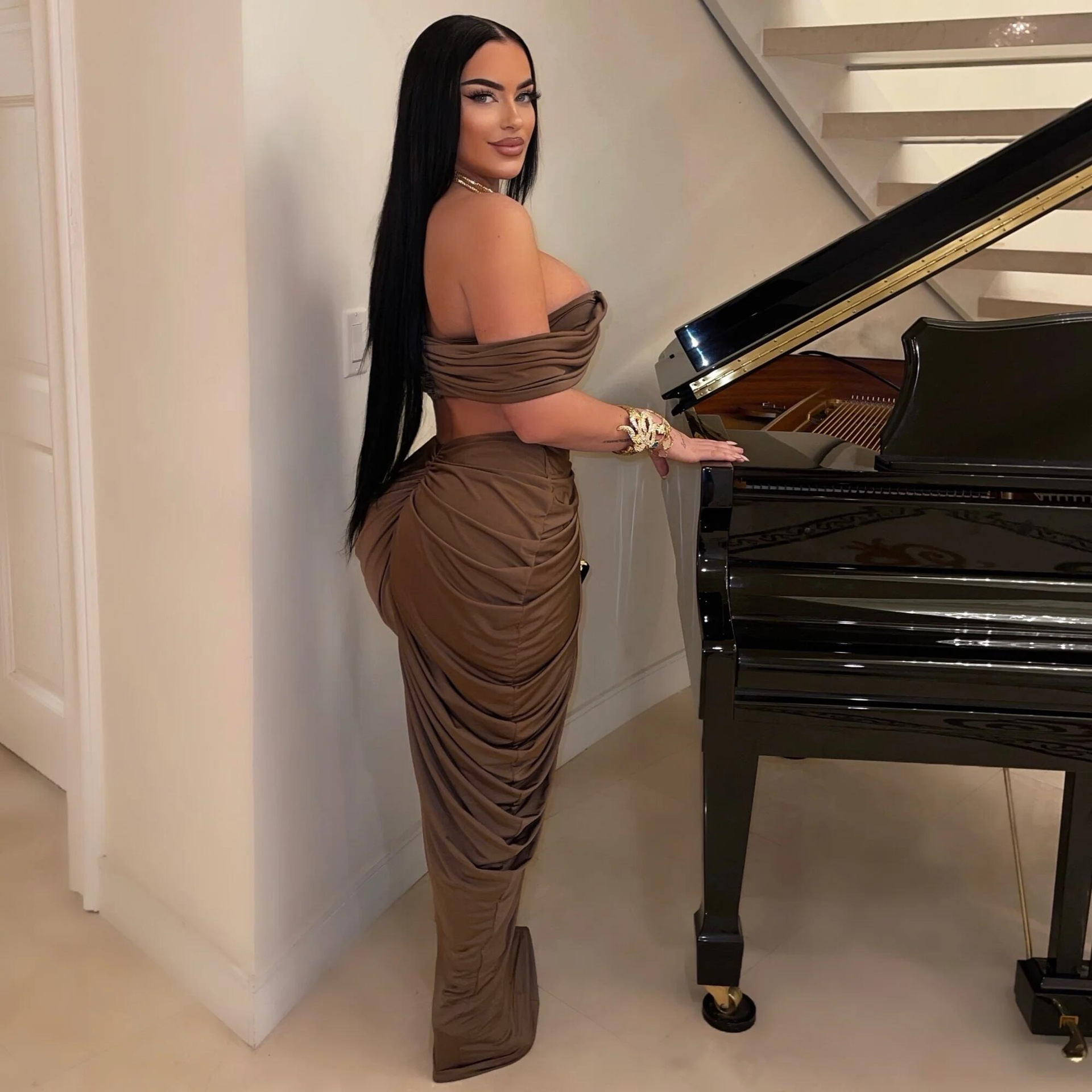 CM.YAYA Stacked Ruched Women's Set Off Shoulder Crop Top and Low Waist Maxi Long Skirts 2023 Sexy Party Two 2 Piece Sets Outfits