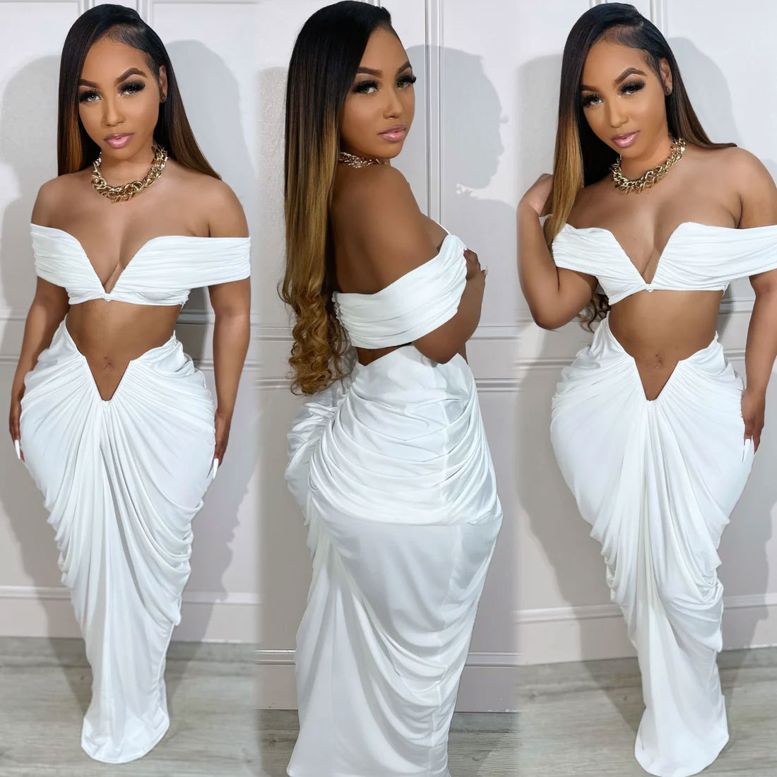 CM.YAYA Stacked Ruched Women's Set Off Shoulder Crop Top and Low Waist Maxi Long Skirts 2023 Sexy Party Two 2 Piece Sets Outfits