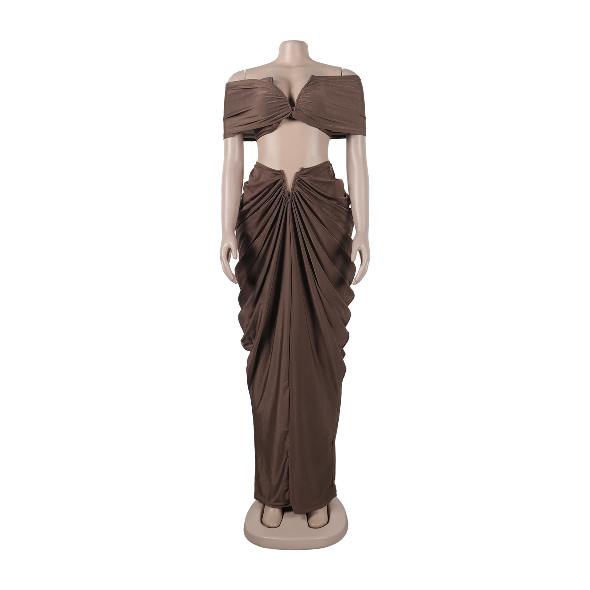 CM.YAYA Stacked Ruched Women's Set Off Shoulder Crop Top and Low Waist Maxi Long Skirts 2023 Sexy Party Two 2 Piece Sets Outfits