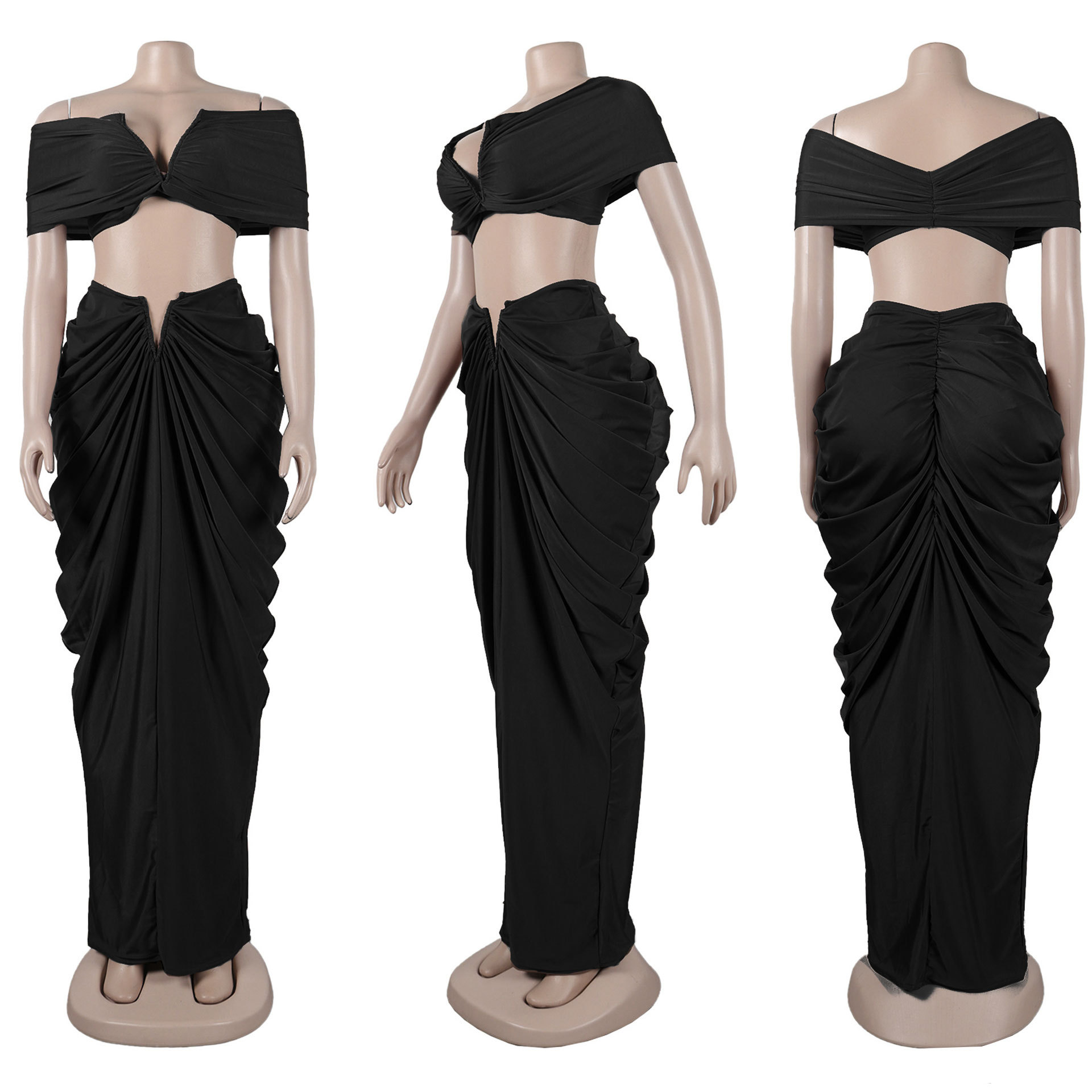CM.YAYA Stacked Ruched Women's Set Off Shoulder Crop Top and Low Waist Maxi Long Skirts 2023 Sexy Party Two 2 Piece Sets Outfits
