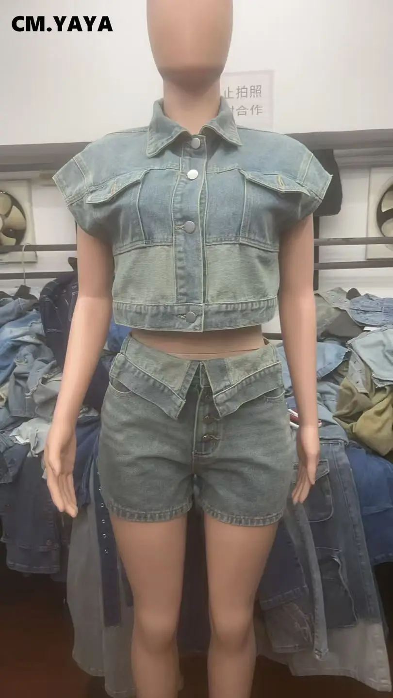 CM.YAYA Fashion Denim Women's Set Short Sleeve Jackets Tops and Shorts Jeans Sets 2025 Summer Two 2 Piece Sets Outfits Tracksuit
