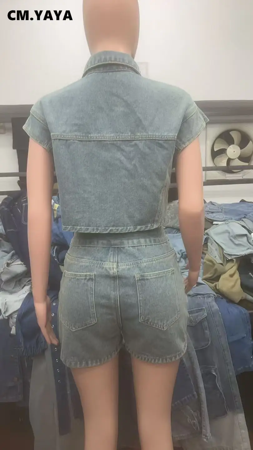 CM.YAYA Fashion Denim Women's Set Short Sleeve Jackets Tops and Shorts Jeans Sets 2025 Summer Two 2 Piece Sets Outfits Tracksuit