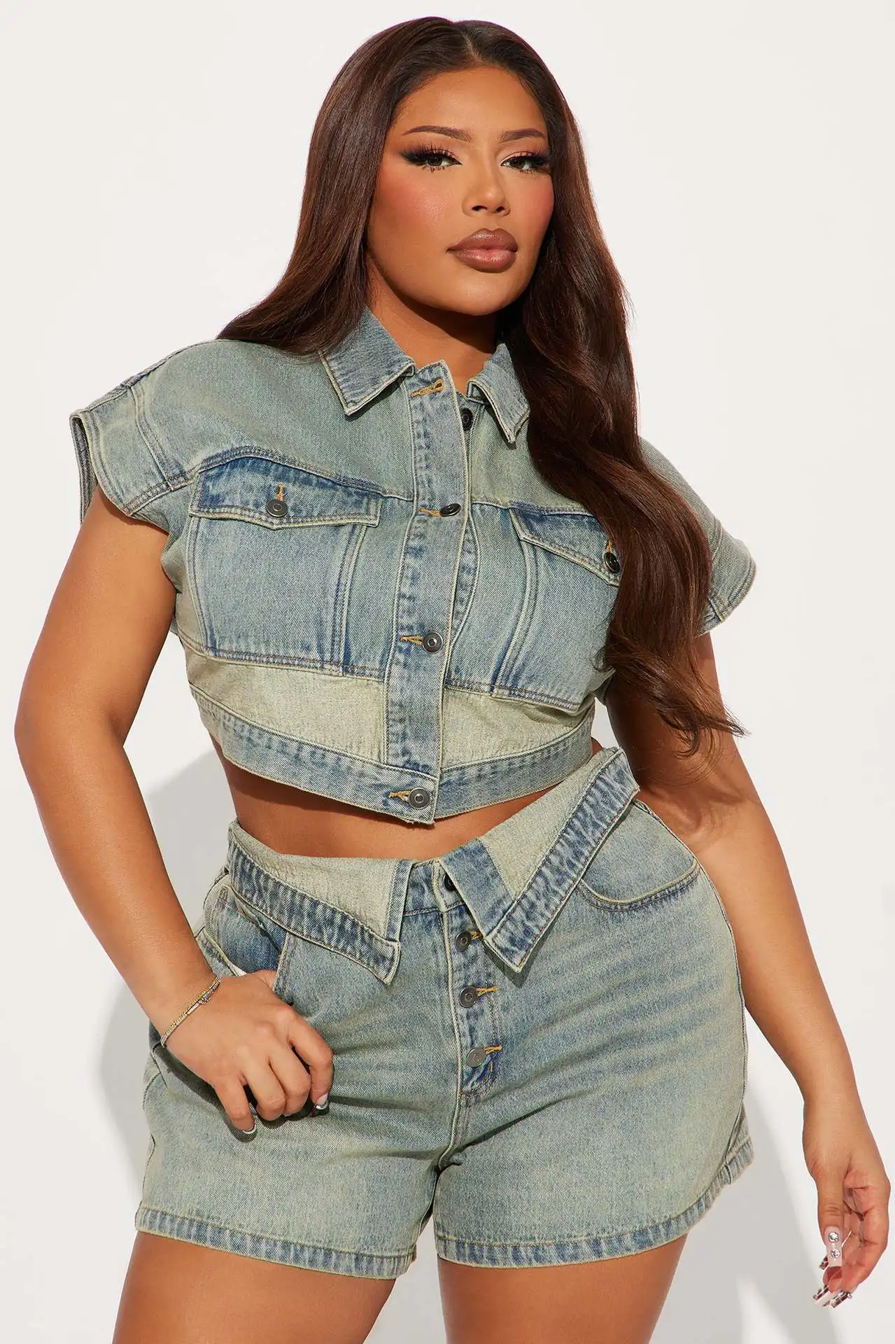CM.YAYA Fashion Denim Women's Set Short Sleeve Jackets Tops and Shorts Jeans Sets 2025 Summer Two 2 Piece Sets Outfits Tracksuit CM.YAYA Fashion Denim Women's Set Short Sleeve Jackets Tops and Shorts Jeans Sets 2025 Summer Two 2 Piece Sets Outfits Tracksuit
