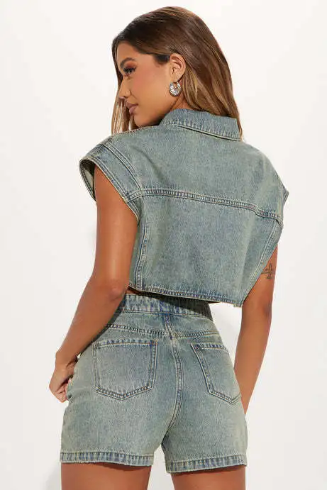 CM.YAYA Fashion Denim Women's Set Short Sleeve Jackets Tops and Shorts Jeans Sets 2025 Summer Two 2 Piece Sets Outfits Tracksuit CM.YAYA Fashion Denim Women's Set Short Sleeve Jackets Tops and Shorts Jeans Sets 2025 Summer Two 2 Piece Sets Outfits Tracksuit